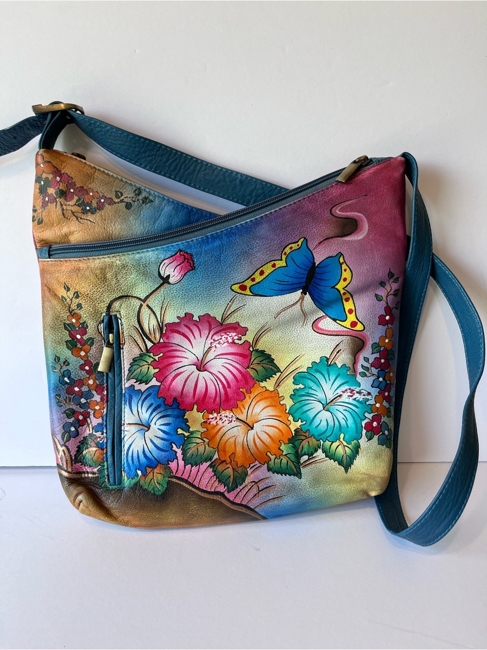 Biacci Hand Painted Leather Crossbody Bag Butterfly Floral